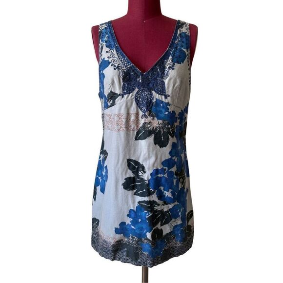 Free People Printed Embroidered Mini Dress Blue Size 8 Floral Sleeveless Y2K - Picture 1 of 10